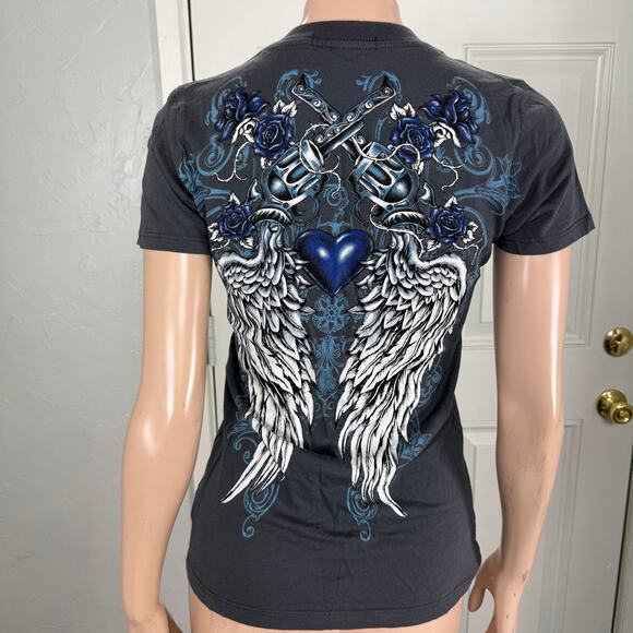 Vintage y2K Brad Butter Shirt Medium Biker Wings Cotton T-shirt S/S Floral X4-10 - Picture 4 of 7